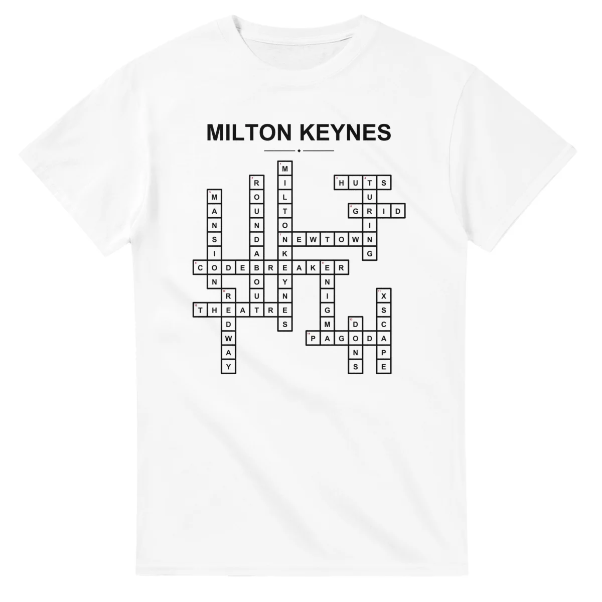 Monochrome crossword sheet for Milton Keynes, with a large place-name heading, a letter grid, and numbered across and down clues.