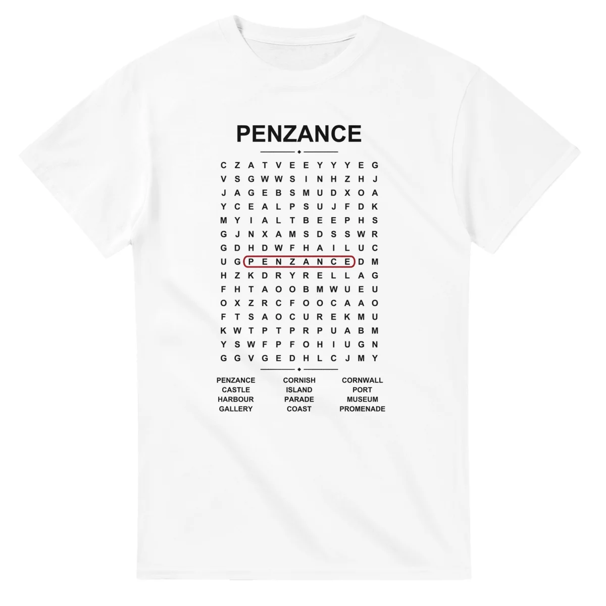 Word-search sheet for Penzance, with a large place-name heading, a letter grid, a local answer list, and a red highlighted example word.
