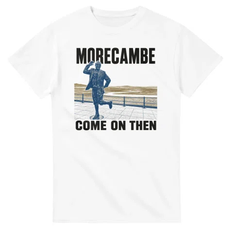 Two-colour scenic illustration for Morecambe, with the place name and COME ON THEN lettering.