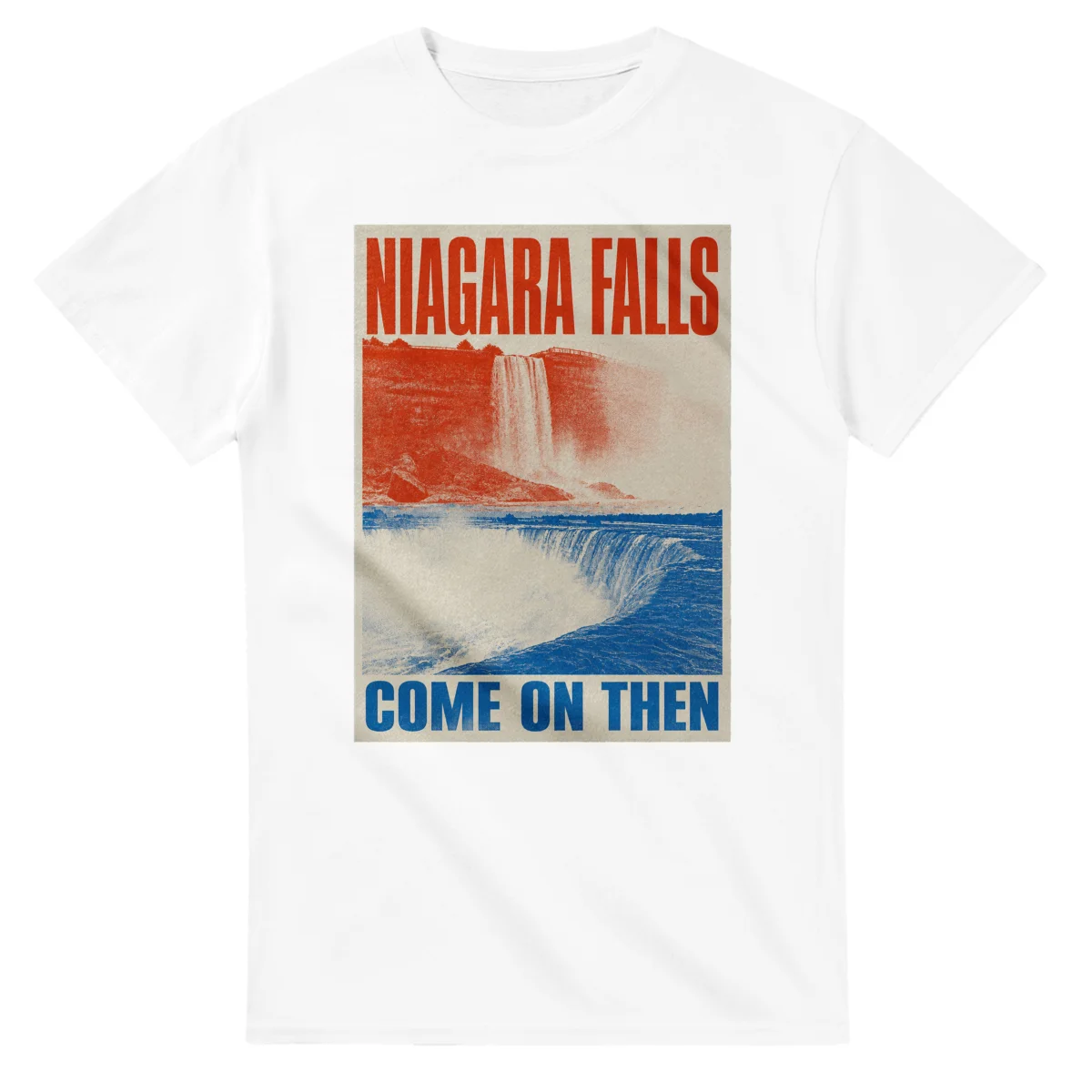 Two-colour scenic illustration for Niagara Falls, with the place name and COME ON THEN lettering.