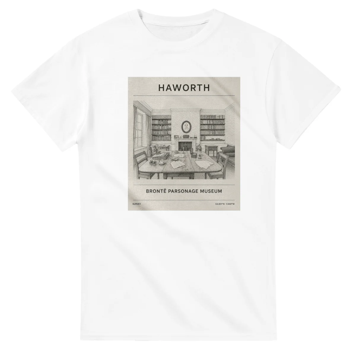 Fine-line engraving-style drawing for Haworth, with a landmark caption and small coordinate text.