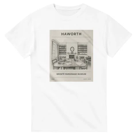 Fine-line engraving-style drawing for Haworth, with a landmark caption and small coordinate text.