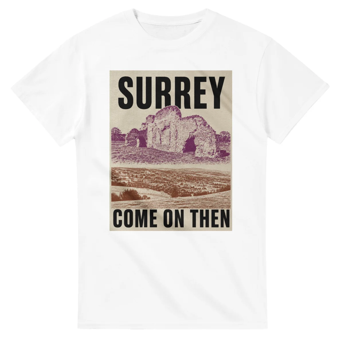 Two-colour scenic illustration for Surrey, with the place name and COME ON THEN lettering.