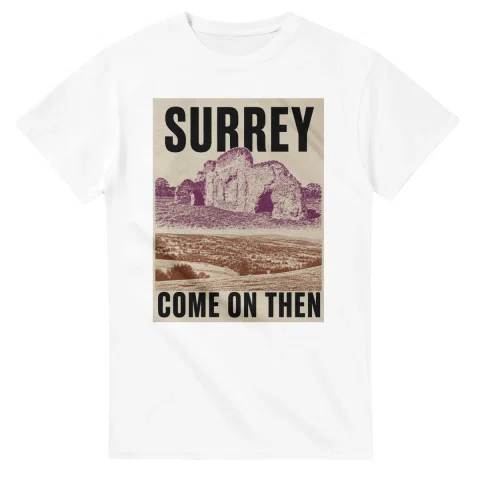 Two-colour scenic illustration for Surrey, with the place name and COME ON THEN lettering.