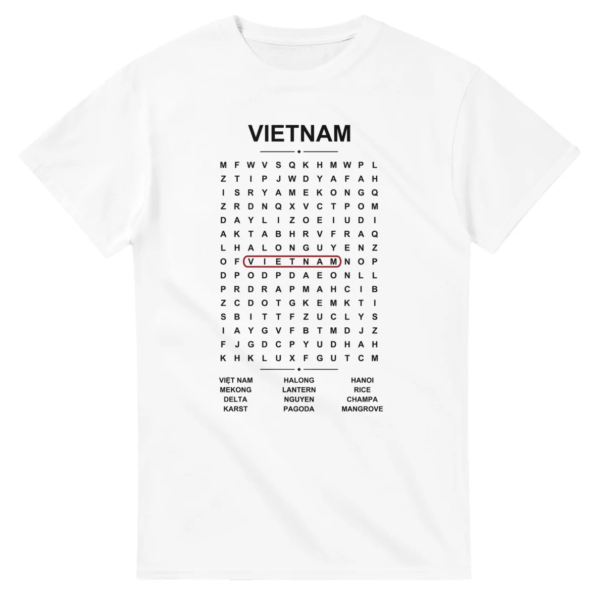 Word-search sheet for Vietnam, with a large place-name heading, a letter grid, a local answer list, and a red highlighted example word.