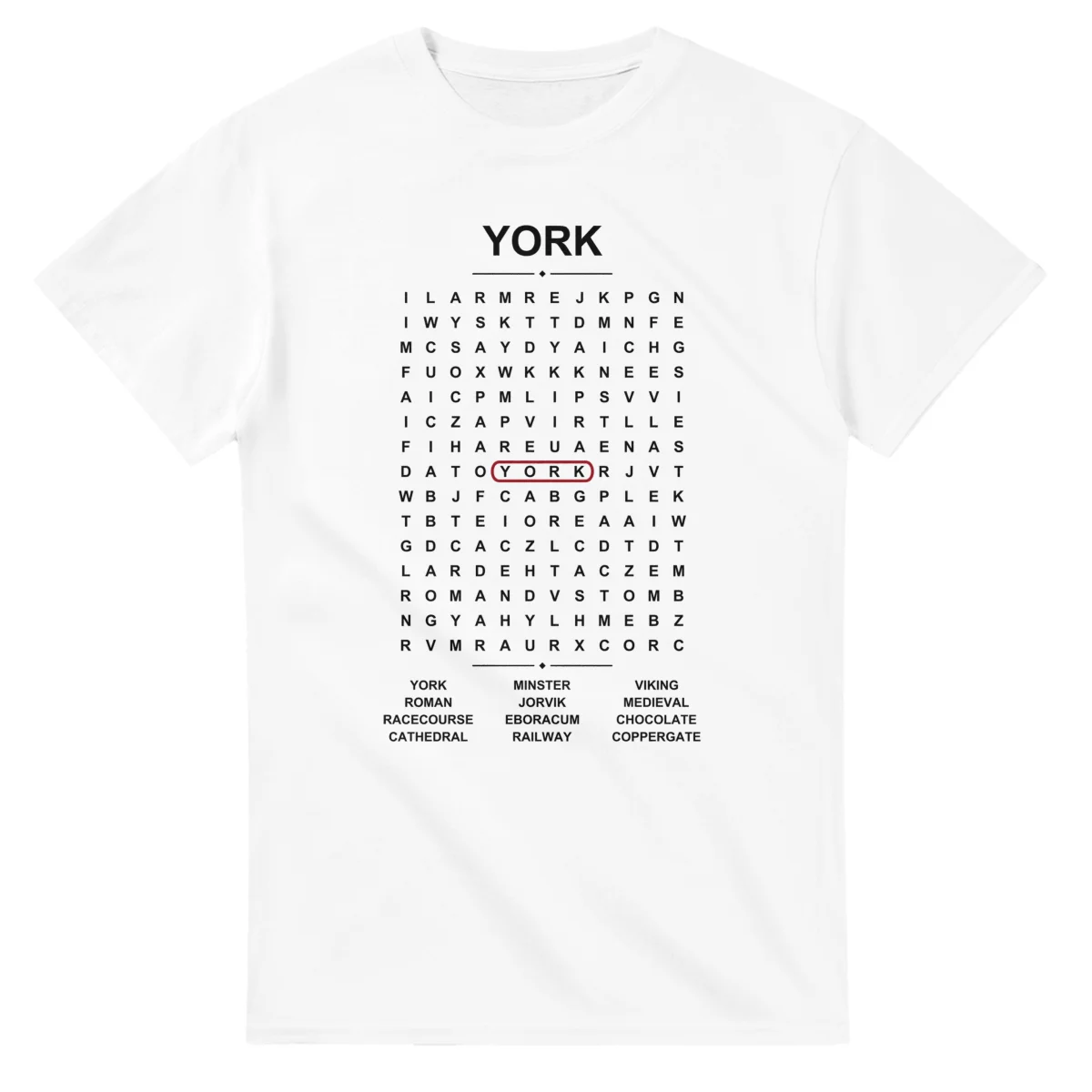 Word-search sheet for York, with a large place-name heading, a letter grid, a local answer list, and a red highlighted example word.