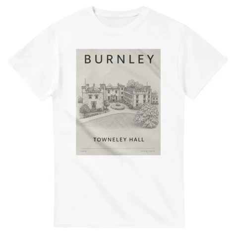 Fine-line engraving-style drawing for Burnley, with a landmark caption and small coordinate text.