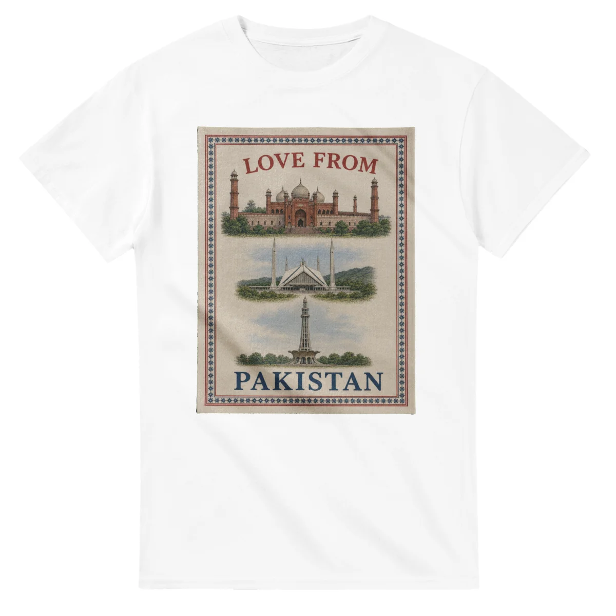 Framed scenic design for Pakistan, with several local views, a decorative border and LOVE FROM lettering.
