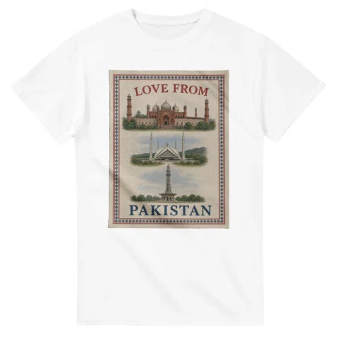 Framed scenic design for Pakistan, with several local views, a decorative border and LOVE FROM lettering.
