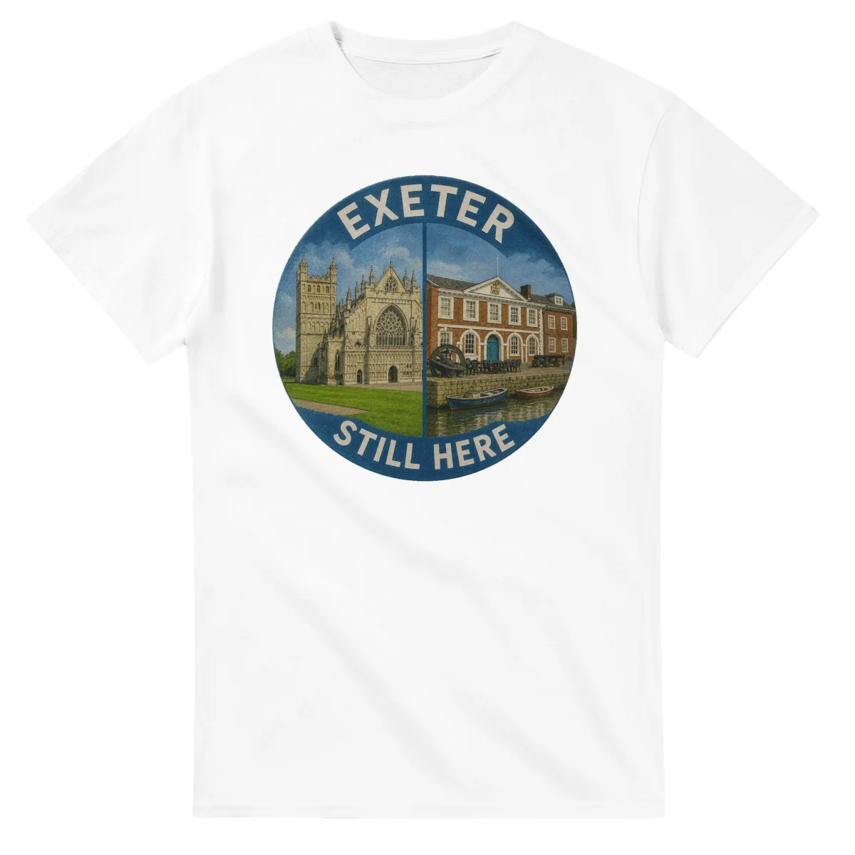 Painted, panelled scenic illustration for Exeter, with paired local scenes and the place name in lettering.