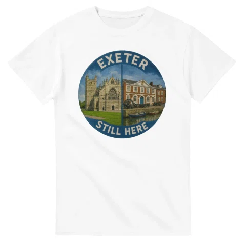 Painted, panelled scenic illustration for Exeter, with paired local scenes and the place name in lettering.