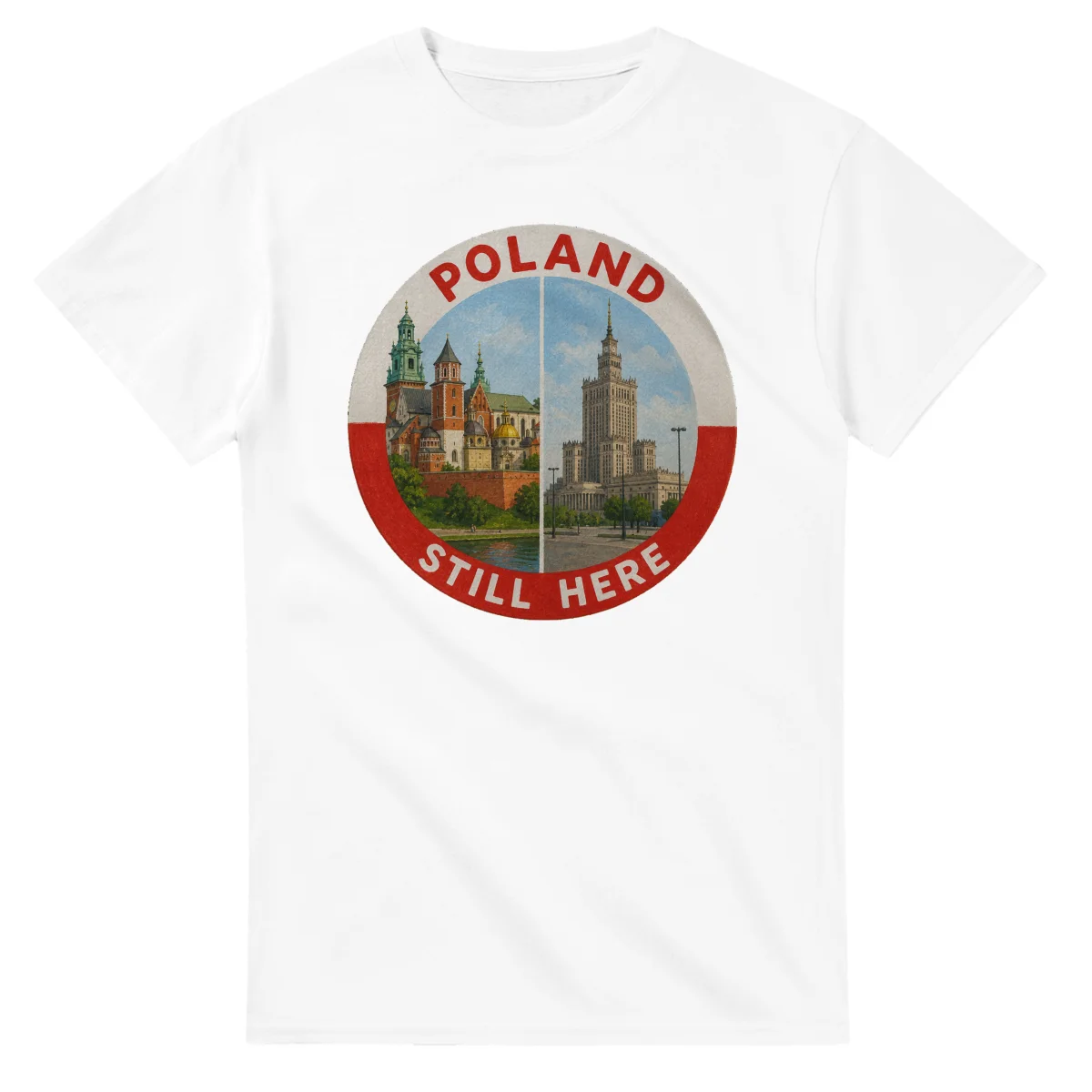 Painted, panelled scenic illustration for Poland, with paired local scenes and the place name in lettering.