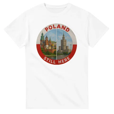Painted, panelled scenic illustration for Poland, with paired local scenes and the place name in lettering.