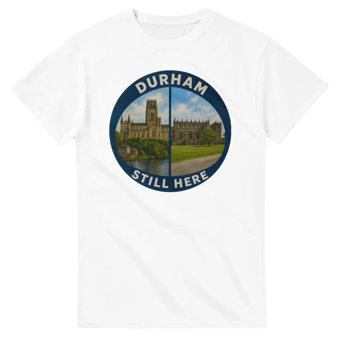 Painted, panelled scenic illustration for County Durham, with paired local scenes and the place name in lettering.
