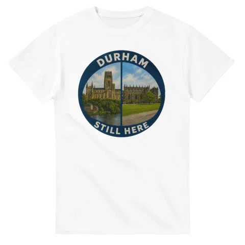 Painted, panelled scenic illustration for County Durham, with paired local scenes and the place name in lettering.