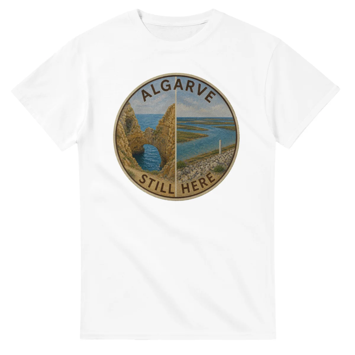 Painted, panelled scenic illustration for Algarve, with paired local scenes and the place name in lettering.