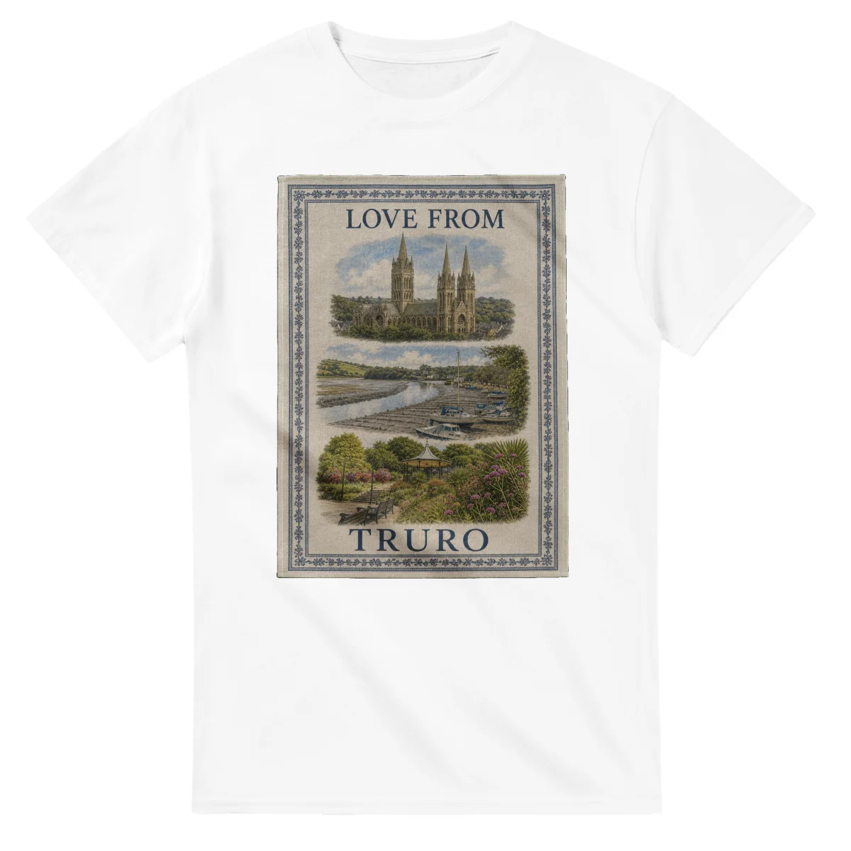 Framed scenic design for Truro, with several local views, a decorative border and LOVE FROM lettering.