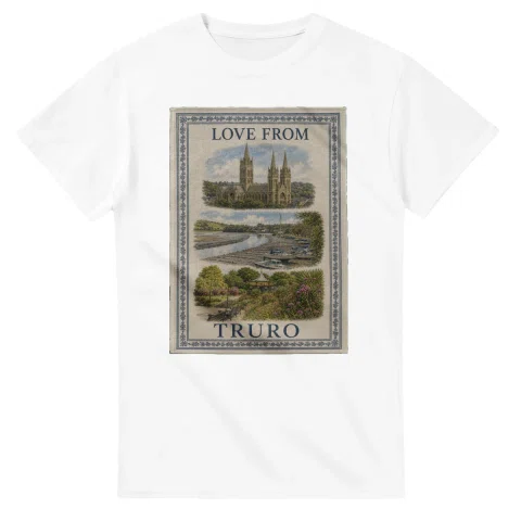 Framed scenic design for Truro, with several local views, a decorative border and LOVE FROM lettering.