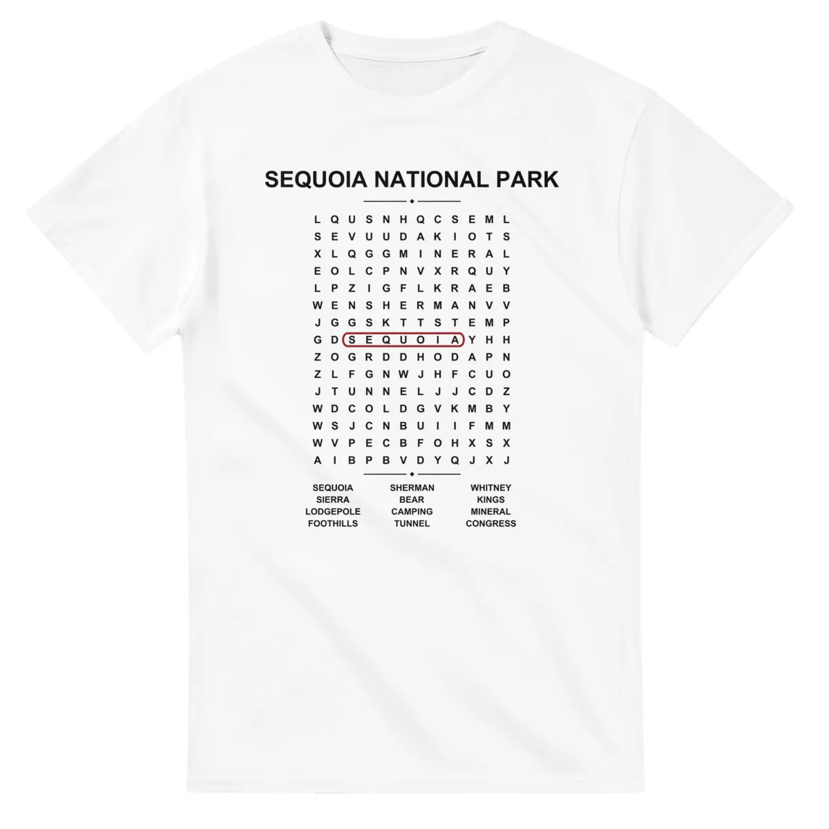 Word-search sheet for Sequoia National Park, with a large place-name heading, a letter grid, a local answer list, and a red highlighted example word.