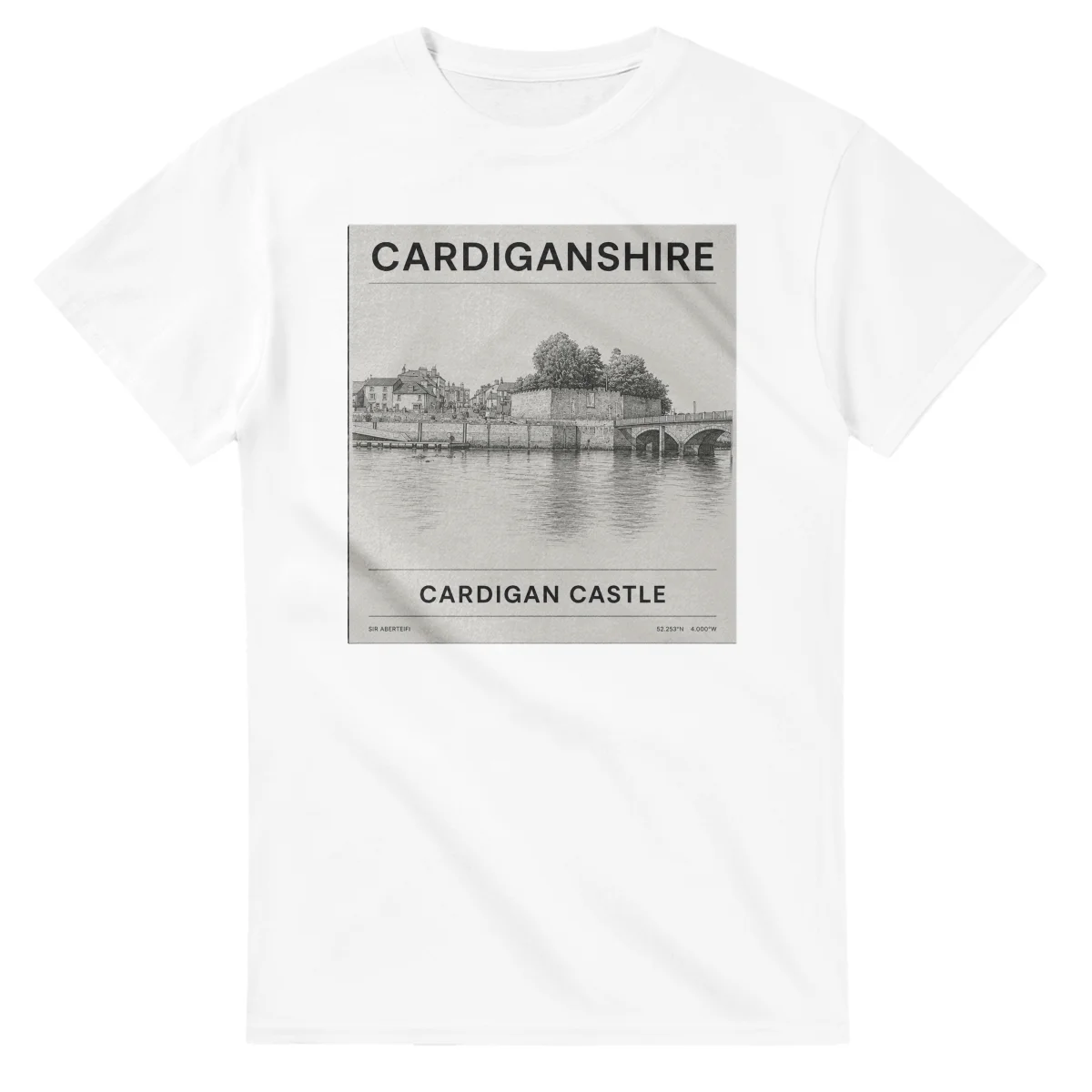 Fine-line engraving-style drawing for Cardiganshire, with a landmark caption and small coordinate text.