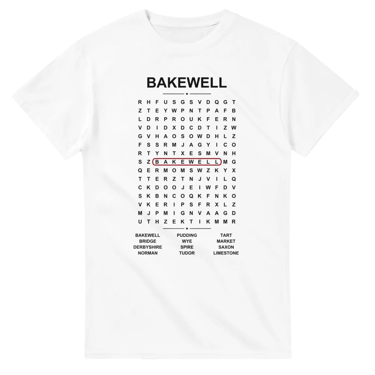 Word-search sheet for Bakewell, with a large place-name heading, a letter grid, a local answer list, and a red highlighted example word.