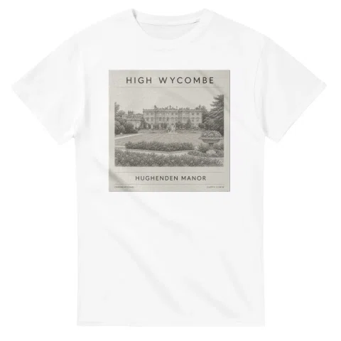 Fine-line engraving-style drawing for High Wycombe, with a landmark caption and small coordinate text.