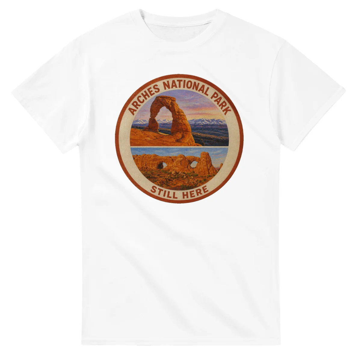 Painted, panelled scenic illustration for Arches National Park, with paired local scenes and the place name in lettering.