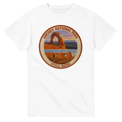 Painted, panelled scenic illustration for Arches National Park, with paired local scenes and the place name in lettering.