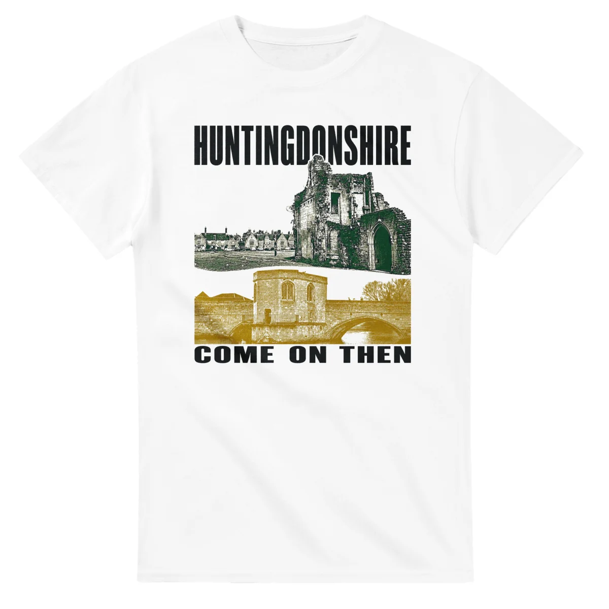 Two-colour scenic illustration for Huntingdonshire, with the place name and COME ON THEN lettering.