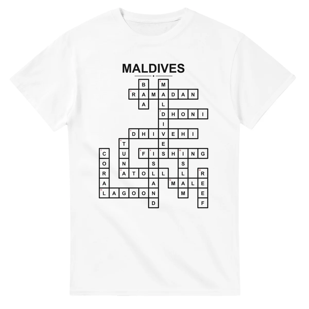 Monochrome crossword sheet for Maldives, with a large place-name heading, a letter grid, and numbered across and down clues.