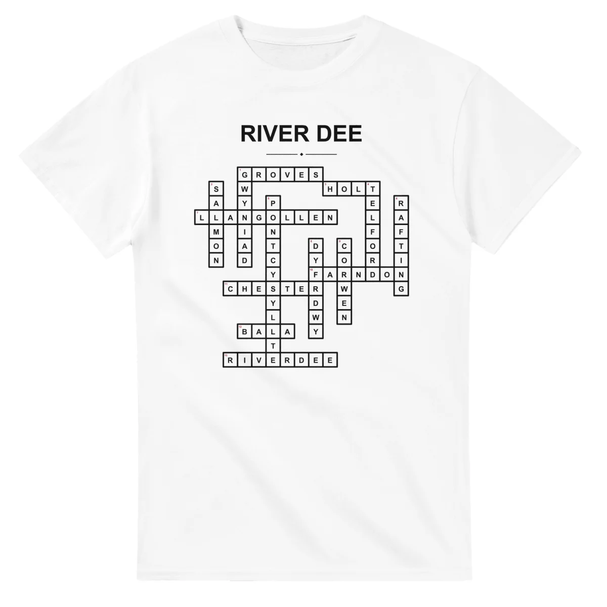 Monochrome crossword sheet for River Dee, with a large place-name heading, a letter grid, and numbered across and down clues.
