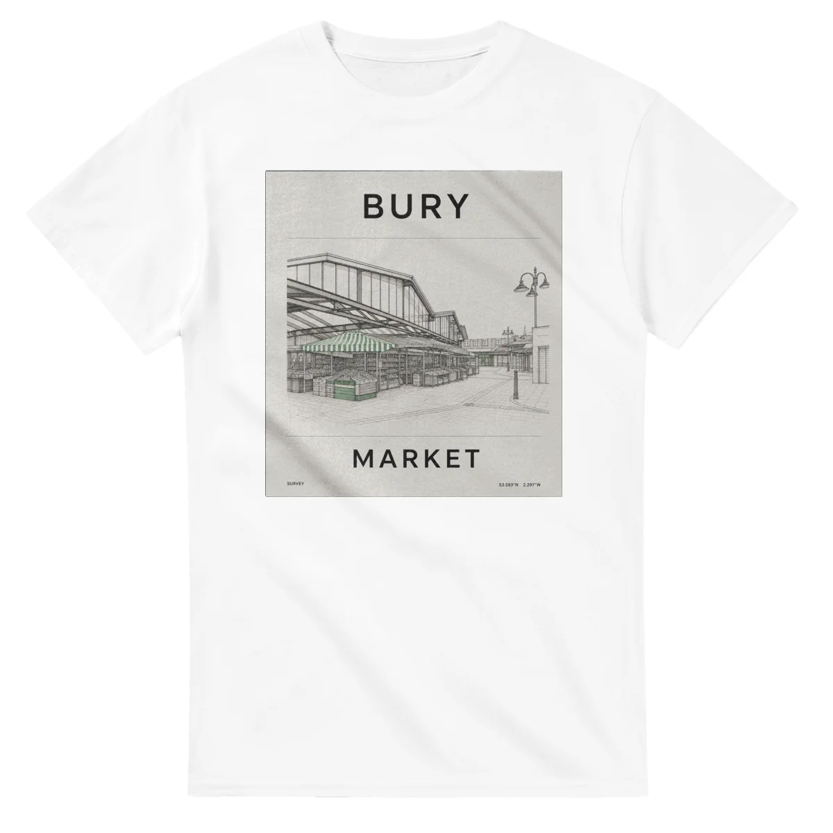 Fine-line engraving-style drawing for Bury, with a landmark caption and small coordinate text.