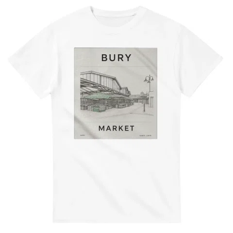 Fine-line engraving-style drawing for Bury, with a landmark caption and small coordinate text.