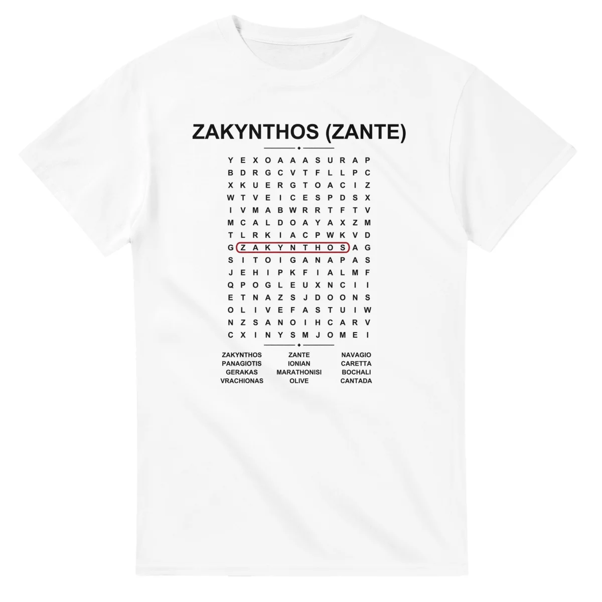 Word-search sheet for Zakynthos (Zante), with a large place-name heading, a letter grid, a local answer list, and a red highlighted example word.