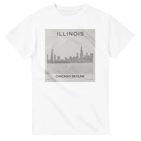Fine-line engraving-style drawing for Illinois, with a landmark caption and small coordinate text.