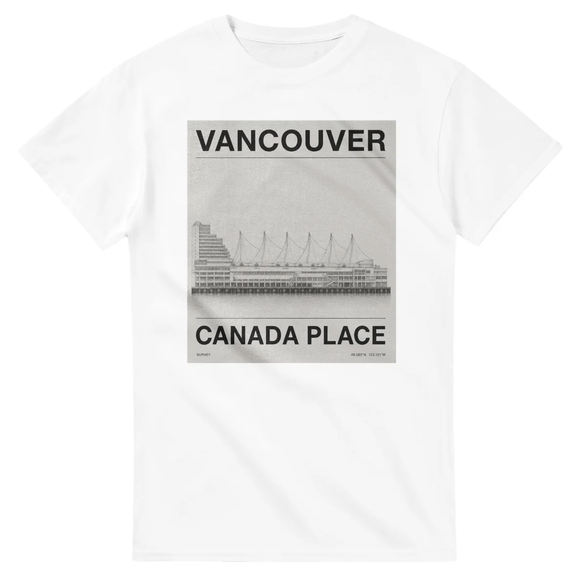 Fine-line engraving-style drawing for Vancouver, with a landmark caption and small coordinate text.