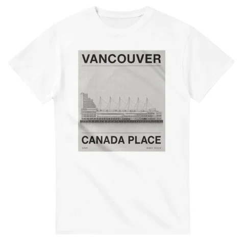 Fine-line engraving-style drawing for Vancouver, with a landmark caption and small coordinate text.