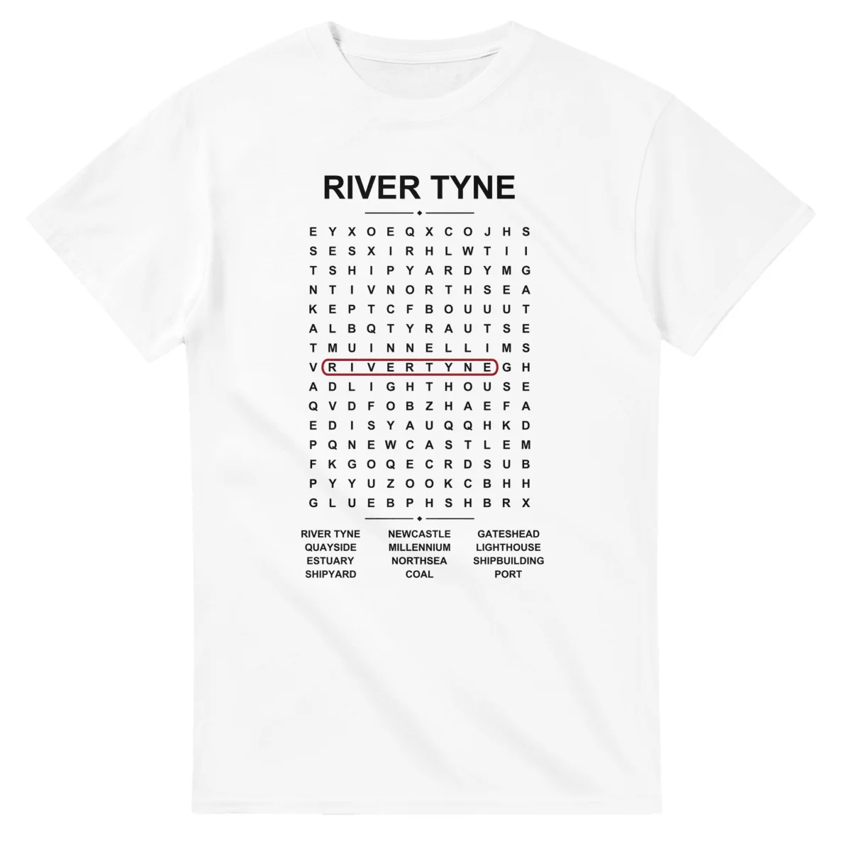 Word-search sheet for River Tyne, with a large place-name heading, a letter grid, a local answer list, and a red highlighted example word.