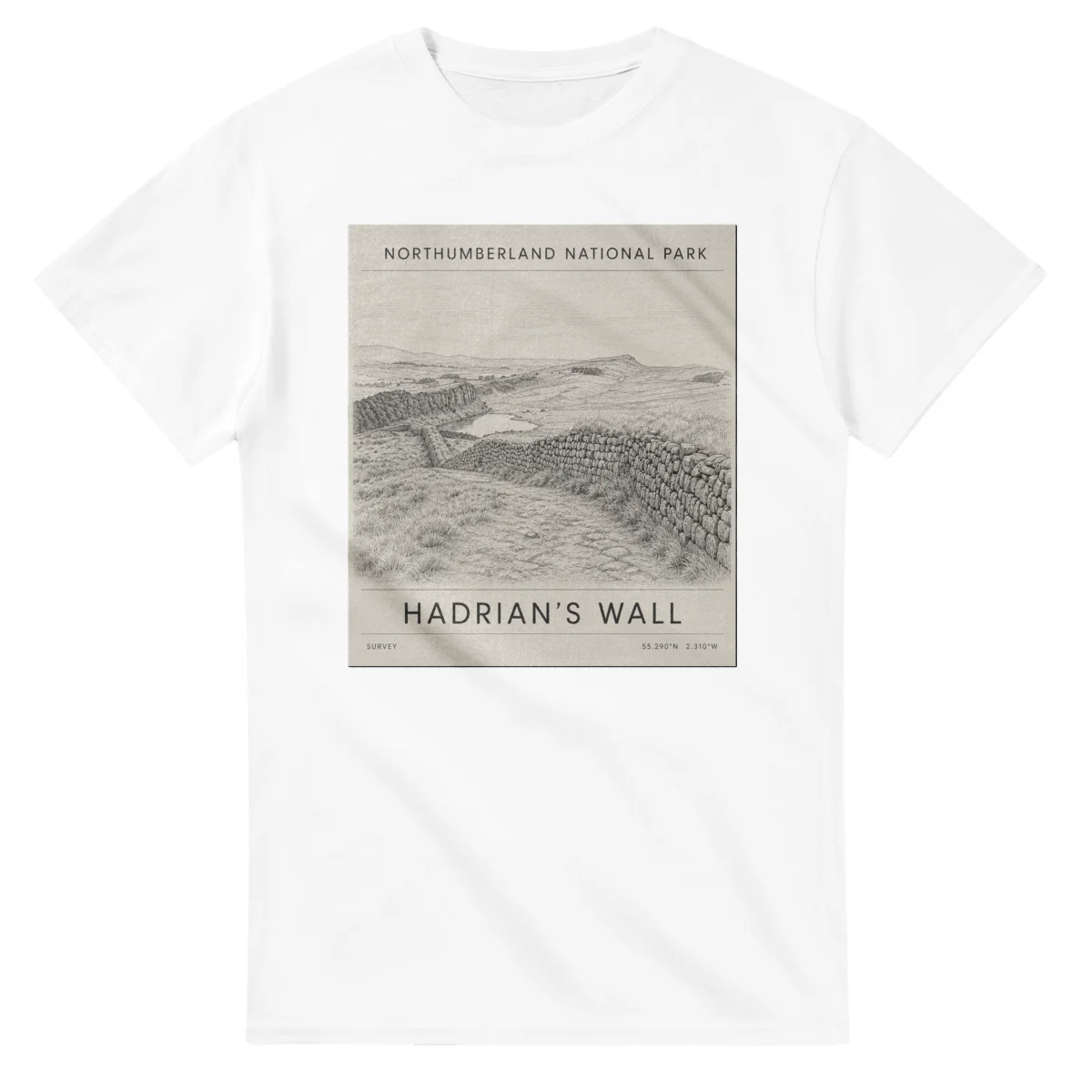 Fine-line engraving-style drawing for Northumberland National Park, with a landmark caption and small coordinate text.