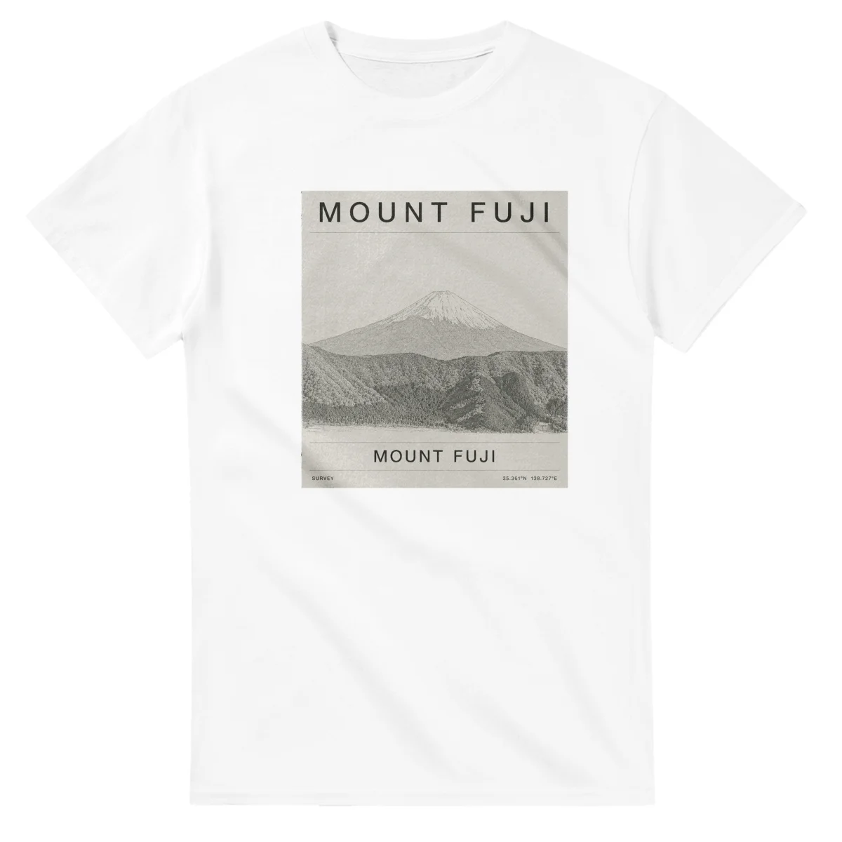 Fine-line engraving-style drawing for Mount Fuji, with a landmark caption and small coordinate text.