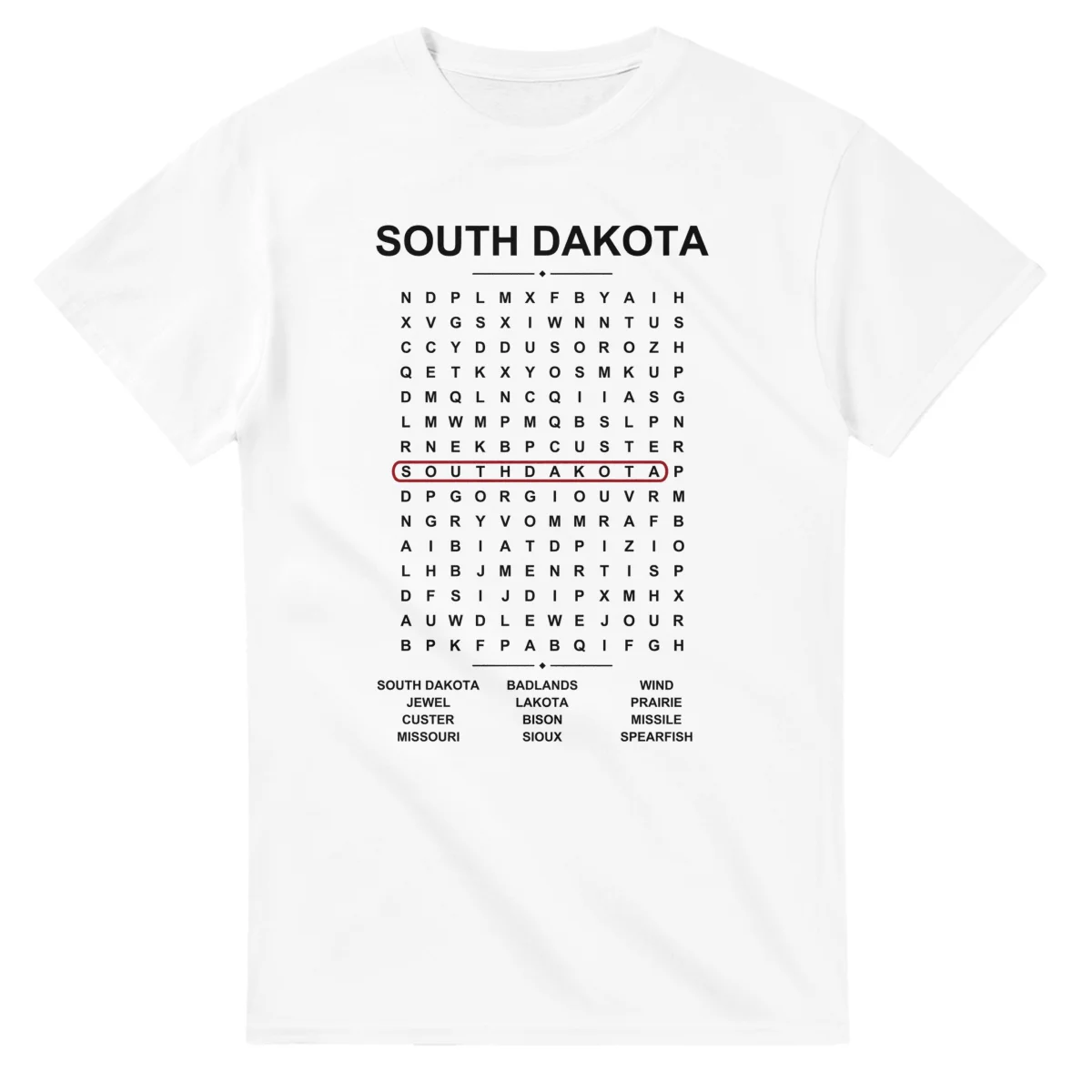 Word-search sheet for South Dakota, with a large place-name heading, a letter grid, a local answer list, and a red highlighted example word.