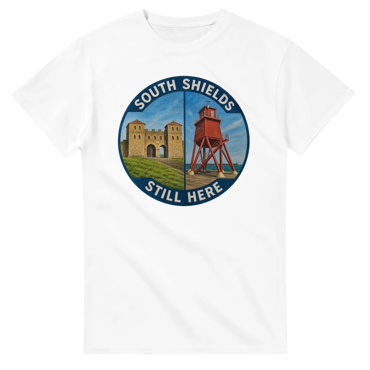 Painted, panelled scenic illustration for South Shields, with paired local scenes and the place name in lettering.