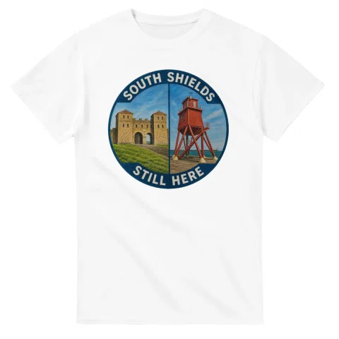 Painted, panelled scenic illustration for South Shields, with paired local scenes and the place name in lettering.