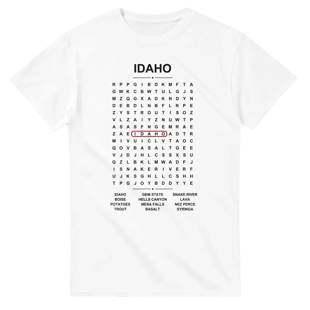 Word-search sheet for Idaho, with a large place-name heading, a letter grid, a local answer list, and a red highlighted example word.