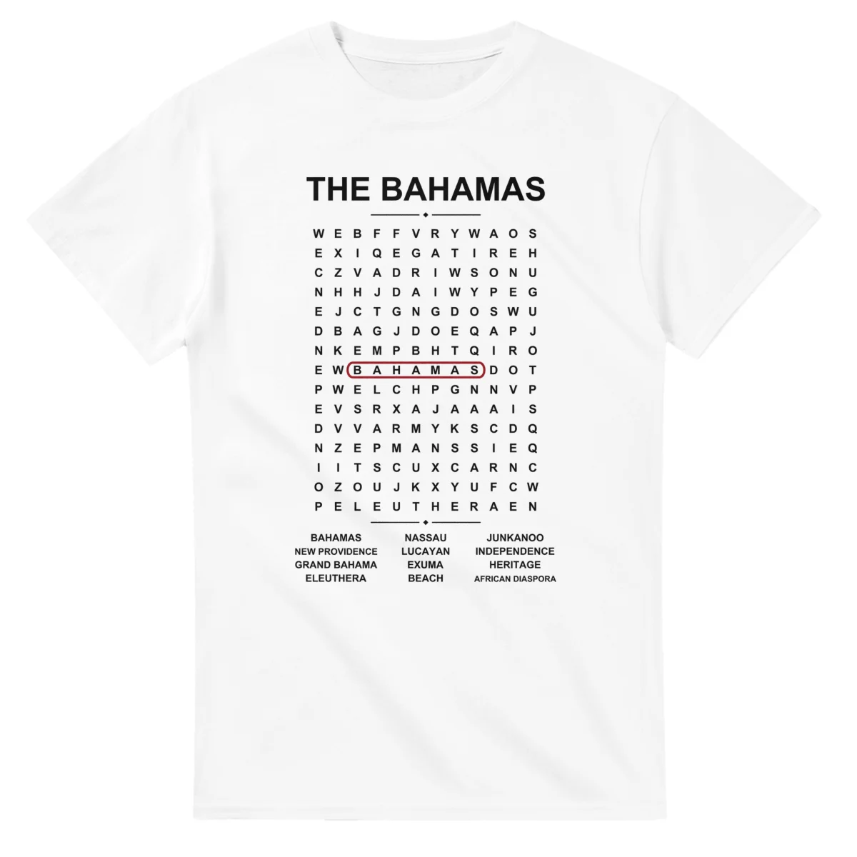 Word-search sheet for The Bahamas, with a large place-name heading, a letter grid, a local answer list, and a red highlighted example word.
