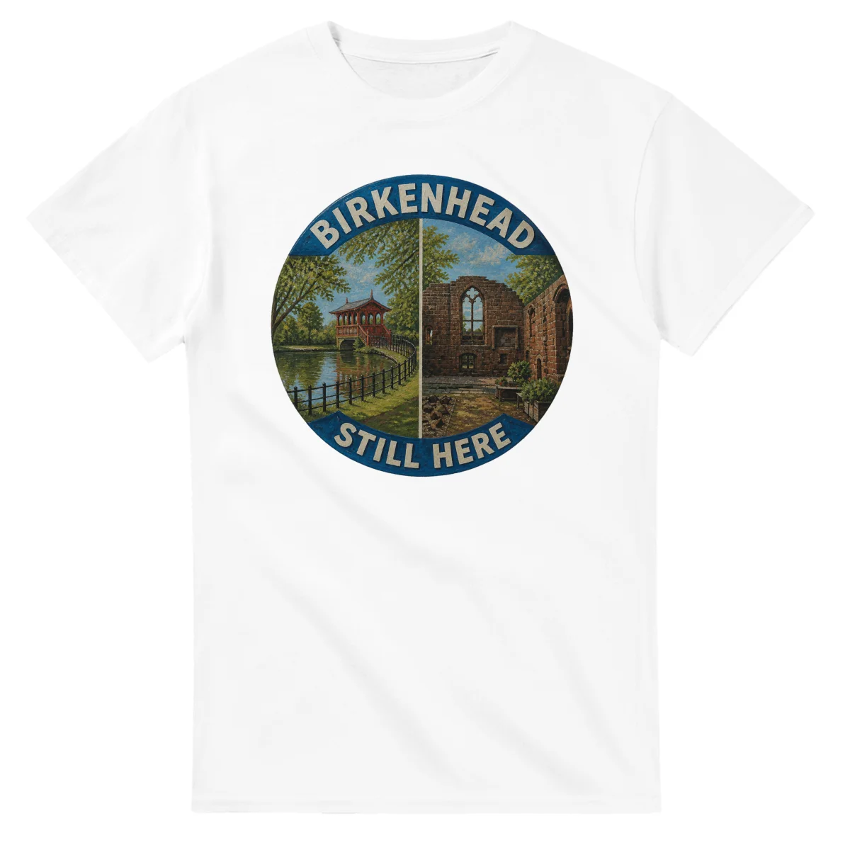 Painted, panelled scenic illustration for Birkenhead, with paired local scenes and the place name in lettering.