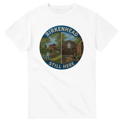 Painted, panelled scenic illustration for Birkenhead, with paired local scenes and the place name in lettering.