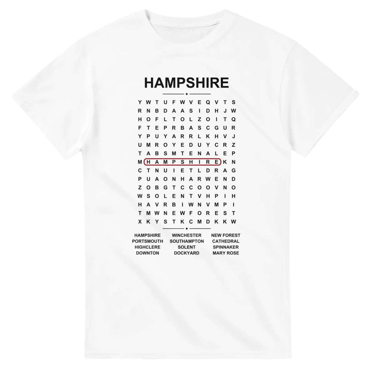 Word-search sheet for Hampshire, with a large place-name heading, a letter grid, a local answer list, and a red highlighted example word.