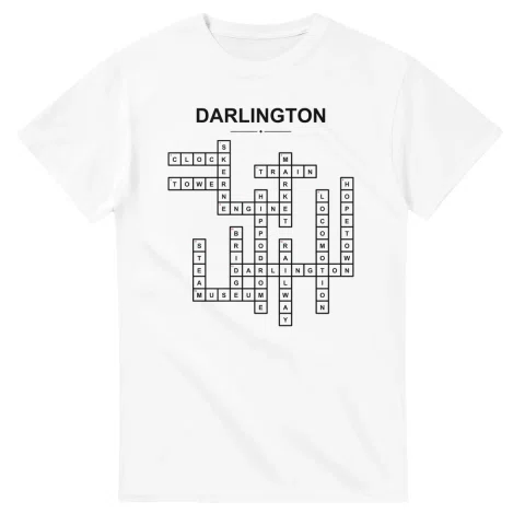 Monochrome crossword sheet for Darlington, with a large place-name heading, a letter grid, and numbered across and down clues.