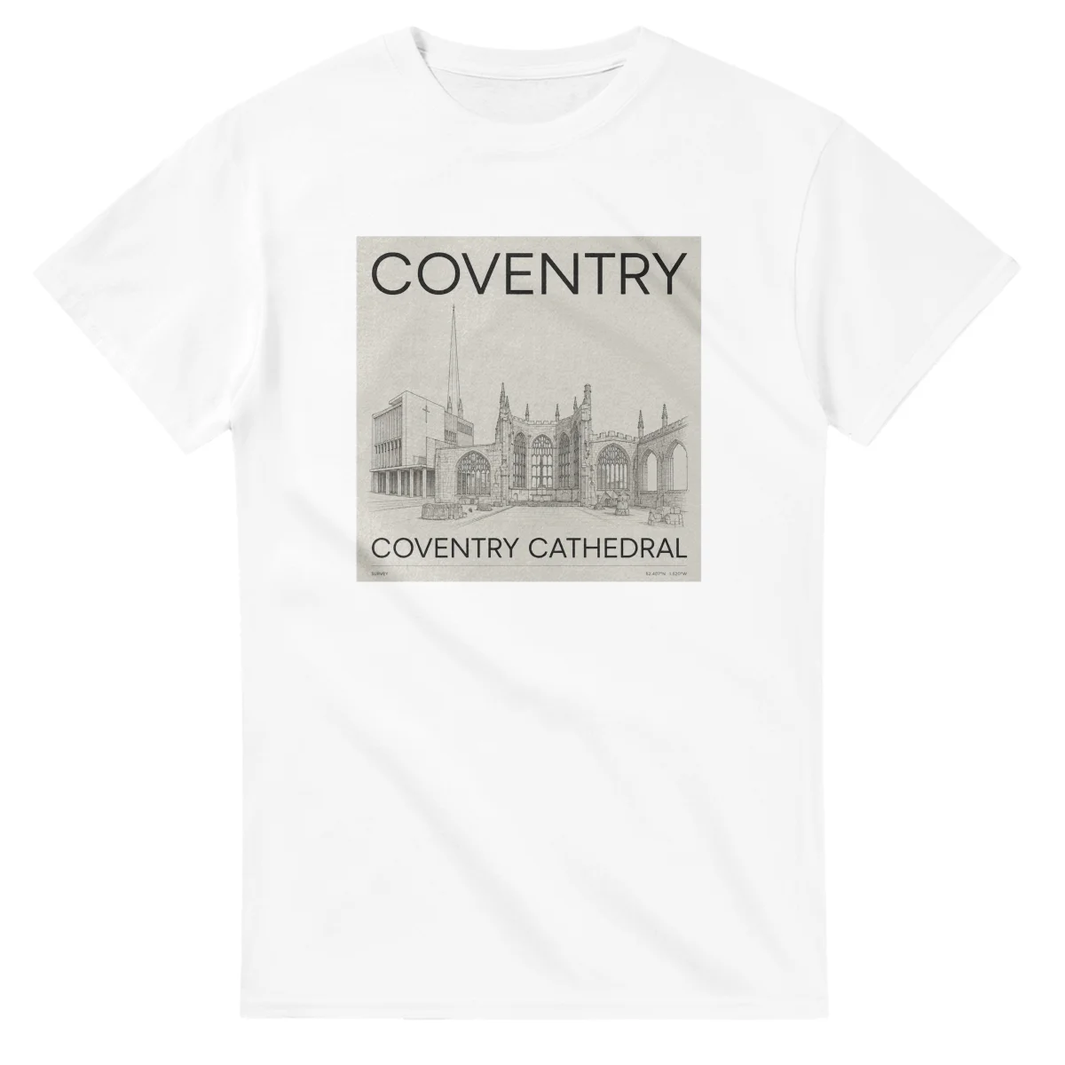 Fine-line engraving-style drawing for Coventry, with a landmark caption and small coordinate text.
